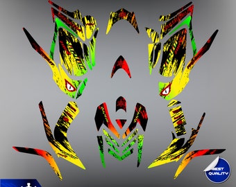 May include: Yamaha snowmobile graphics kit with a black, yellow, green and red abstract design. The graphics feature a stylised eye design and the text "GRAFICOSS 1024".