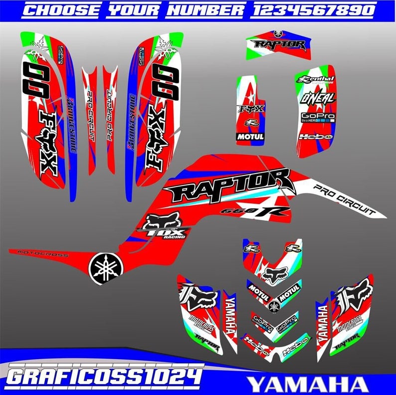 May include: Red, white and blue Yamaha Raptor 660R graphics kit with Fox Racing, GoPro, Motul and Oneal logos. Choose your number 1234567890.