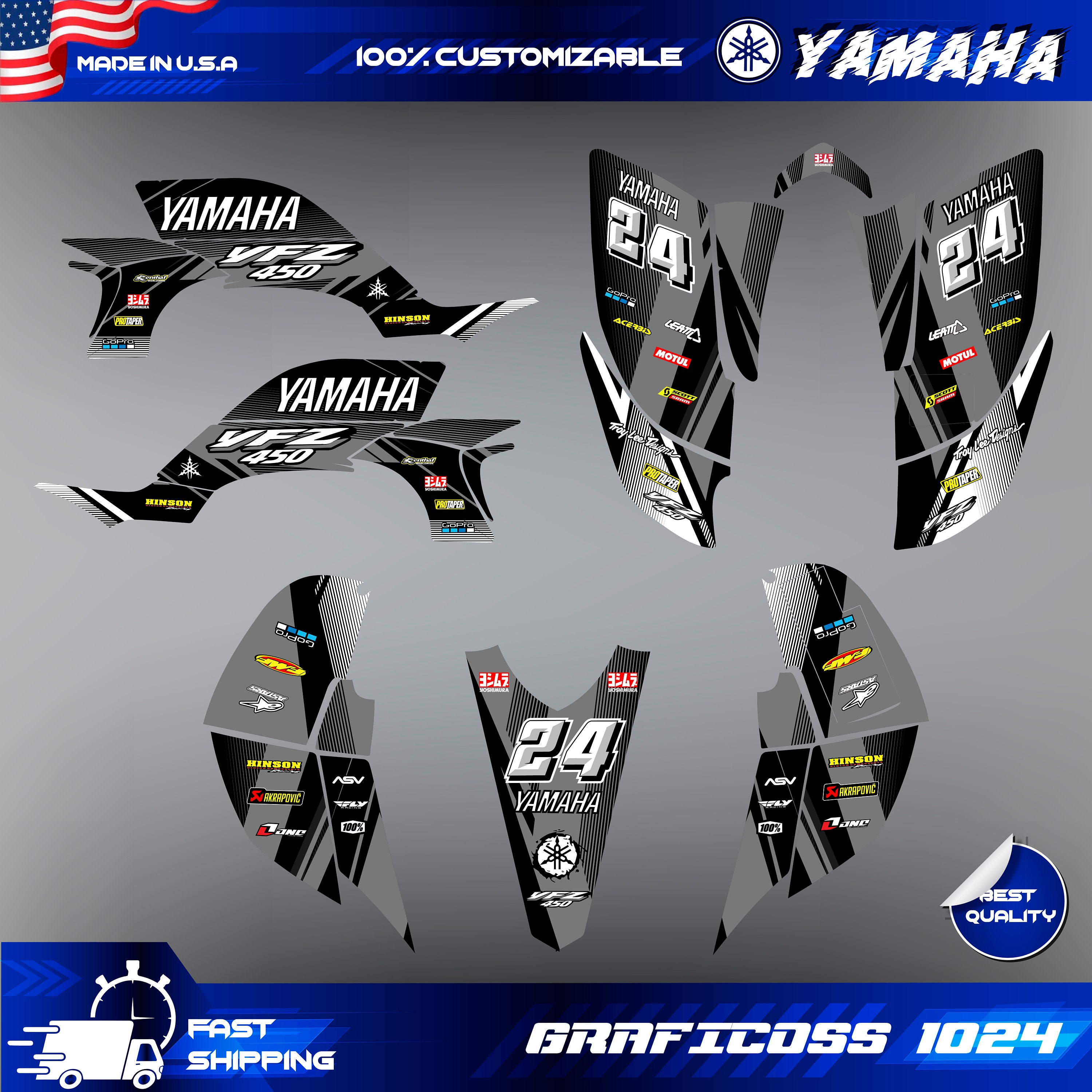Kit completo de gráficos para Yamaha YFZ 450 2003, 2004, 2005, 2006, 2007 e 2008 | Adesivos de vinil Yamaha | Gráficos de decalques para motocross | Adesivos de vinil para motocross