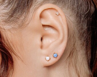 Gold Filled Opal Stud Earrings – Minimalist Lobe & Helix Piercing