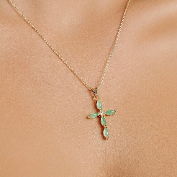 Beautiful Jade Gold Cross Pendant Necklace - Gold Filled - Women's Dainty Layering Religious Necklace - Women's Girls Gift - Unisex Gift