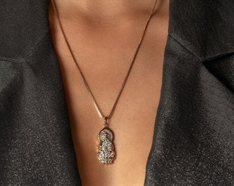Gold Fill Guan Yin Necklace – Bodhisattva Lotus Pendant, Cubic Zirconia