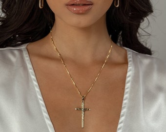 Superbe collier croix crucifix en or - chaîne de perles avec pendentif croix minimaliste - bijoux religieux en or - cadeau pour elle - cadeau pour femme