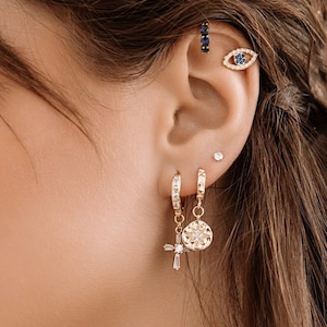 Delicate Cross Huggie Dangle Gold Filled Earrings - Mini Gold Cross Baguette Crystal Drop Earrings - Gift for Women & Girls - Birthday Gift
