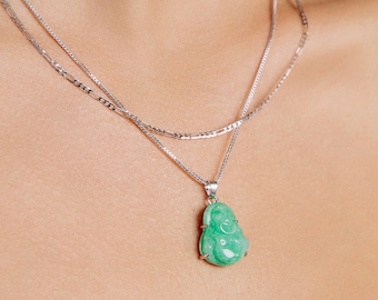 Silver Green Jade Happy Buddha Pendant Necklace - White Gold Filled Jewelry - Laughing Buddha Lucky Necklace - Women&#39;s or Men&#39;s Unisex Gift