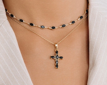 Stunning Gold Black/Clear Cross Necklace - Statement Crystal Cross Necklace  - Religious Jewelry -  Womens or Girls Gift - Birthday Gift