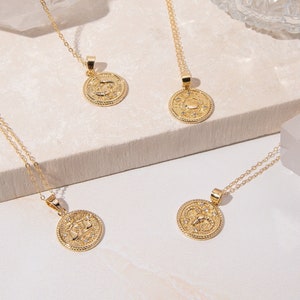 Zodiac Medallion Necklace - Stunning Horoscope Astrology Layering Necklace - Gold Fill - Women Girls - Birthday Anniversary Graduation Gift