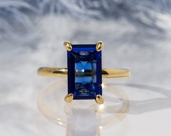Blue Sapphire Gold Filled Ring: Emerald Cut Gemstone