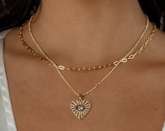 Gold Filled Evil Eye Heart Necklace – Layering Amulet Pendant