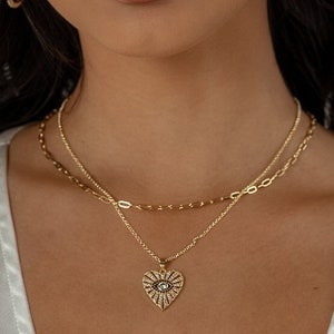 Stunning Love Heart Amulet Necklace - Evil Eye Protection Greek Layering Necklace - Gold Filled Pendant Necklace - Anniversary Friend Gift