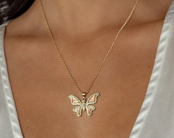 Pink & Gold Butterfly Pendant Necklace - Feminine Dainty Layering Necklace - Gift for Women Girls - Birthday Anniversary Best Friends Gift