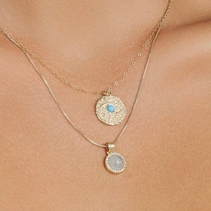 Gold Evil Eye Blue Turquoise Coin Necklace - Stunning Amulet Gold Medallion Pendant - 14kt Gold Filled -  Women&#39;s Gift - Anniversary Gift