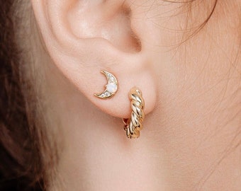 Gold Opal Moon Celestial Studs - Mini Gold Filled Stacking Earrings - Lobe Helix Piercing - Women Girls - Anniversary Birthday Friend Gift