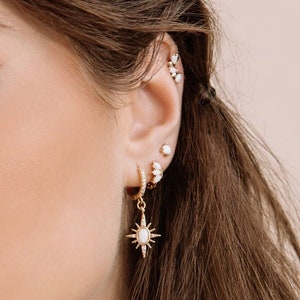 May include: Gold-coloured earrings and ear piercings. The earrings include a hoop with small clear stones and a dangling starburst design with a central opal-like stone. Other piercings feature small opal-like studs and clusters.