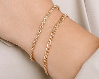 Minimalist Gold Figaro Bracelet - Gold Filled Layering Bracelet - Slim Dainty Gold Stacking Bracelet - Gift for Women Girls - Birthday Gift