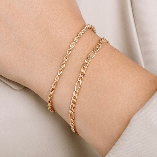 Minimalist Gold Figaro Bracelet - Gold Filled Layering Bracelet - Slim Dainty Gold Stacking Bracelet - Gift for Women Girls - Birthday Gift