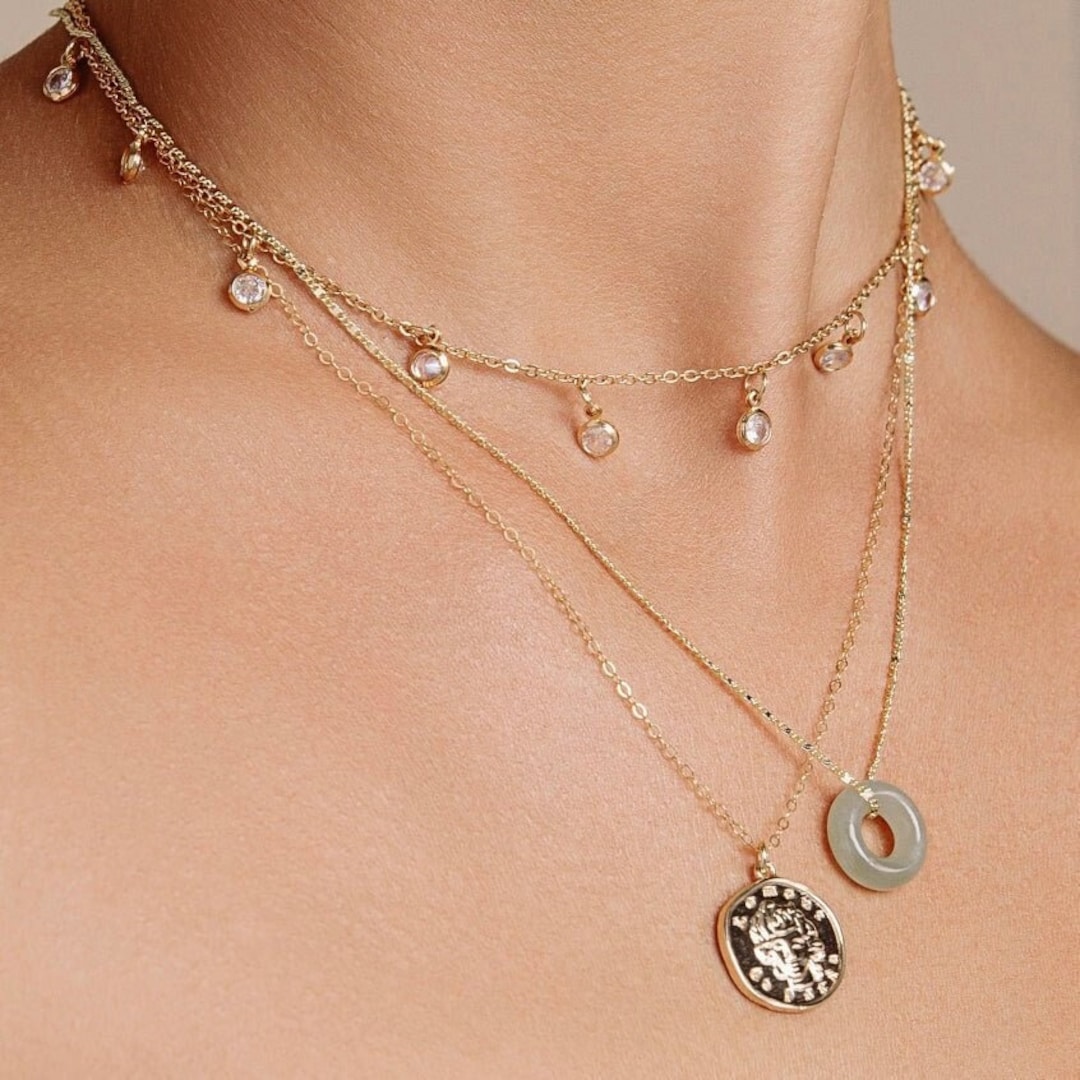 Gold Green Jade Round Donut Necklace Gold Filled Pendant Minimalist