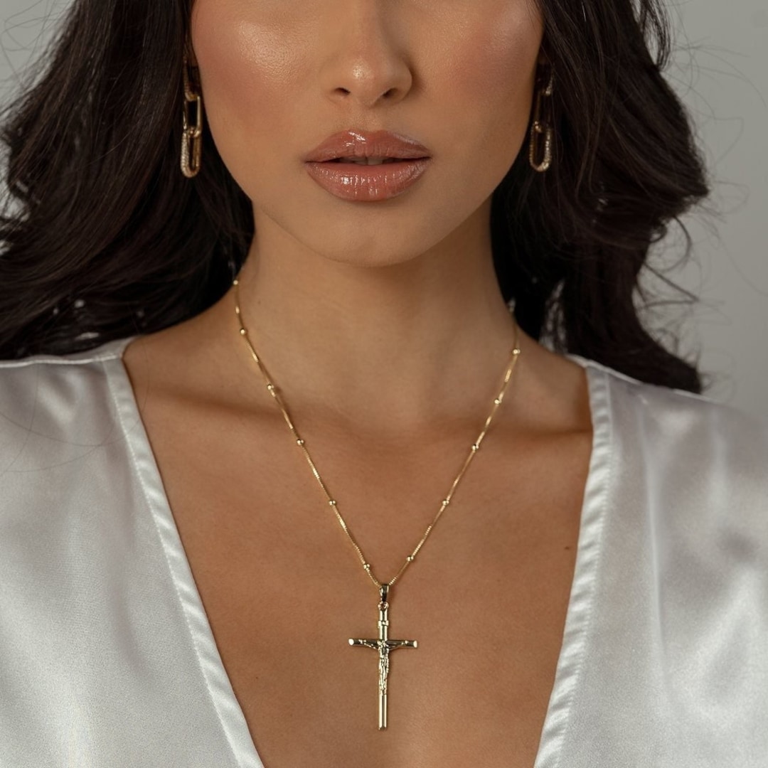 Stunning Gold Crucifix Cross Necklace Minimalist Cross Pendant Beaded — free download