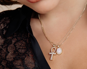 Gold Filled Ankh Cross Necklace – Egyptian Symbol, Crystal Pendant