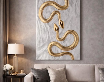 Gold Schlange Leinwand Wandkunst, Schwarz und Gold Schlange Print, Luxus Gothic Wanddekor, moderne dunkle ästhetische Kunst, Schlangenwanddekor