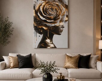 Gold Rose Woman Portrait Canvas Wall Art, Black Woman Wall Decor, African American Art Print, Luxury Gold Floral Artwork, Feminine Bedroom