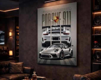 Porsche 911 GT3 Wall Art Canvas, Luxury Car Poster, Modern Man Cave Decor, Supercar Print, Car Enthusiast Gift, Black White Automotive Art