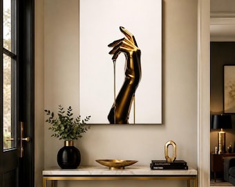 Cuadro decorativo de pared con diseño de mano dorada goteando, decoración de pared de lujo en negro y dorado, impresión abstracta moderna sobre lienzo, obra de arte glamurosa para la sala de estar.