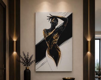 Elegant Black Figure Canvas Wall Art, Gold Accent Abstract Woman Painting, Luxury Black and Gold Wall Decor, Modern Living Room Artwork