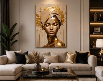 Golden Afrocentric Portrait Canvas, Black Woman Wall Art, African Queen Canvas, Luxury Gold Wall Decor, Modern Living Room Art