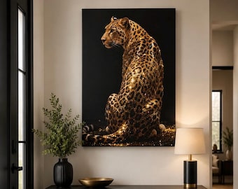Quadro su tela con stampa leopardata dorata, stampa animalier nera e oro, arredamento massimalista di lusso, arte da parete glamour per camera da letto, arte moderna della giungla, arte di lusso