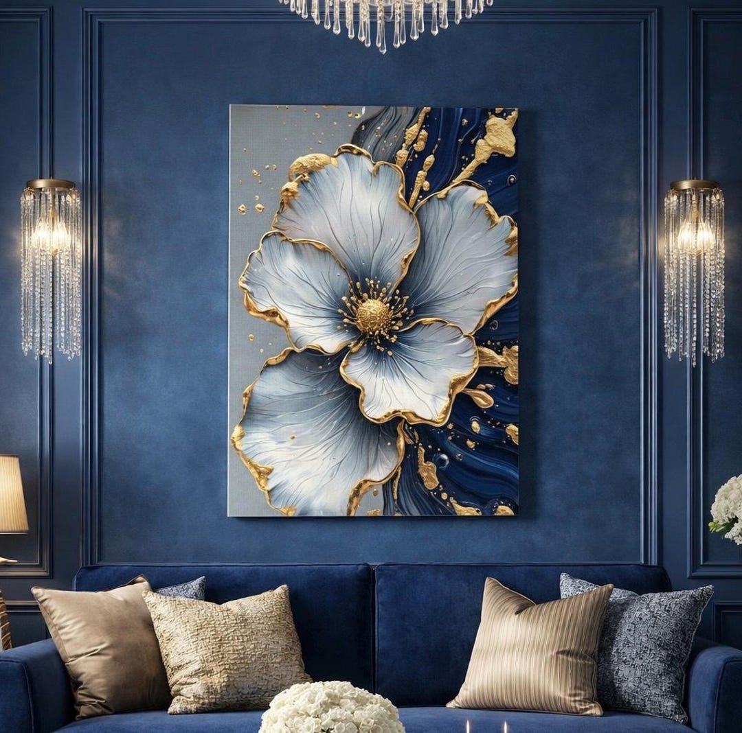 Blue Gold Floral Canvas Wall Art, Luxury Abstract Flower Painting, Navy ...