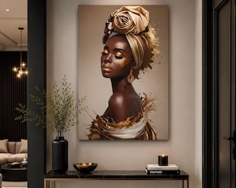 Golden Headwrap Black Woman Canvas Wall Art, Afrocentric Wall Decor, African American Portrait Canvas, Luxury Gold Wall Art, Modern Art
