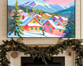 Winter Frame TV Art, Colorful Ski Samsung TV Art, Christmas Digital Download Frame Art, Ski Village Art, Oil Painting TV Frame Art