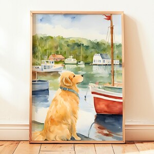 Arte mural costero de golden retriever, impresión digital de acuarela de perro playero, decoración colorida para casa de playa de Nueva Inglaterra, decoración de pared para habitación de perro