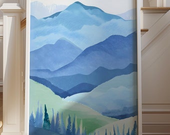 Arte delle Blue Ridge Mountains, acquerello naturalistico, stampa di paesaggi rustici, arredamento di baite della Carolina del Nord