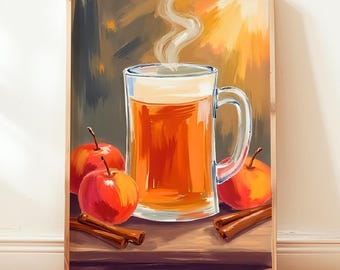 Fall Kitchen Wall Art, Cozy Apple Cider Print, Autumn Drink Digital Download, Rustic Farmhouse Fall Decor, Apples and Cinnamon Illustration