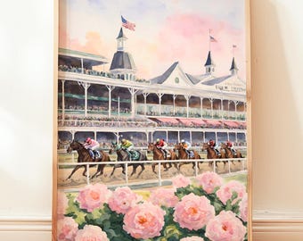 Arte de parede em aquarela com tema de corrida de cavalos, download digital de pista de corrida na primavera, decoração equestre para casa.