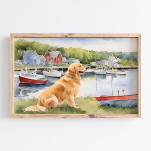 Arte mural de Golden Retriever en el puerto, Arte mural de cabaña costera, Acuarela de perro costero para descarga digital, Impresión costera de Nueva Inglaterra