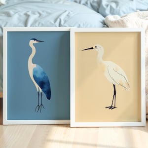 Watervogels print, blauwe reiger en zilverreiger kunst, minimalistische vogelgalerij kunst aan de muur, neutraal modern strandhuis, kustvogels digitale download