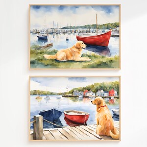 May include: Two watercolor paintings of a golden retriever dog in a waterfront setting. The top painting shows the dog sitting on a grassy hill overlooking a harbor with boats and a red rowboat. The bottom painting shows the dog sitting on a wooden dock overlooking a harbor with boats and a red rowboat. Both paintings have a light blue sky with white clouds.