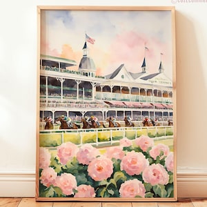Horse Racing Watercolor Wall Art, Spring Horse Track Digital Download, Equestrian Home Decor