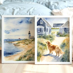 Paquete de arte de golden retriever costero, arte mural en acuarela de la costa este, galería de pared de cabaña costera, regalo para mamá perruna de Cape Cod