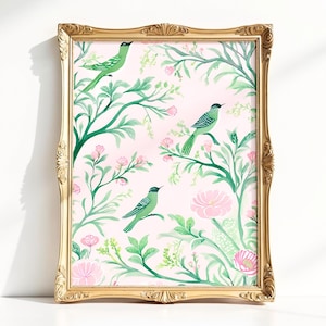 Chinoiserie Digital Wall Art PNG, Pink Green Vintage Floral Print, Chinoiserie Grandmillennial Bedroom Art, Birds and Botanical Home Decor