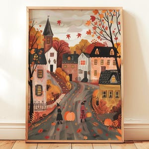 Halloween Dorf Print, gemütliche Herbst Volkskunst, Herbst Cottagecore Dekor, rustikale Halloweentown druckbar