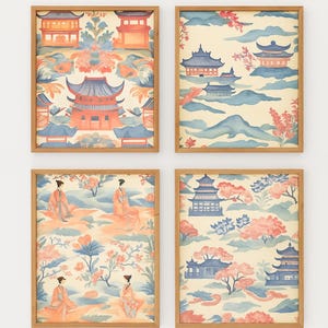 Chinoiserie Blue and Red Wall Art, Living Room Art Vintage Botanical, Digital Asian Inspired