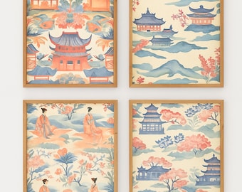 Set di quattro Chinoiserie da scaricare digitalmente, arte botanica stampabile di ispirazione asiatica