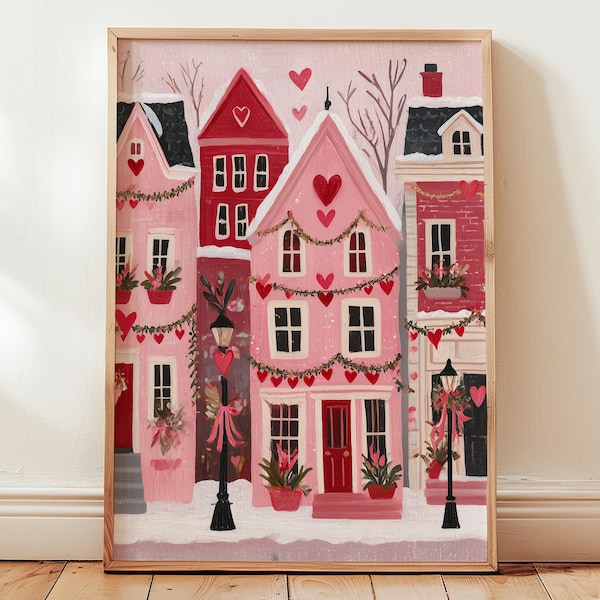Cozy Valentine's Day Folk Art Village, Victorian Street Scene Print, Playful Cozy Wall Art, Charming Illustrated Decor