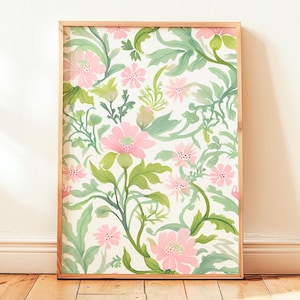 Chinoiserie Digital Wall Art, Pink and Green Vintage Botanical Print, Grand Millennial Art Gift for Her, Trendy Floral Living Room Decor