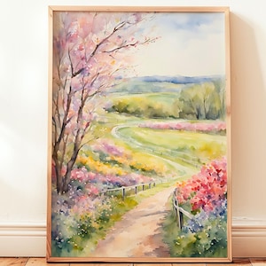Watercolor Spring Horse Farm Wall Art, Farmhouse Flower Decor, Horse Racing Digital Download, Southern Rustic Gallery Wall