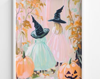 Halloween Witches Digital Print, Pastel Pumpkins, Little Witch Sisters with Costumes Print, Whimsical Halloween Printable